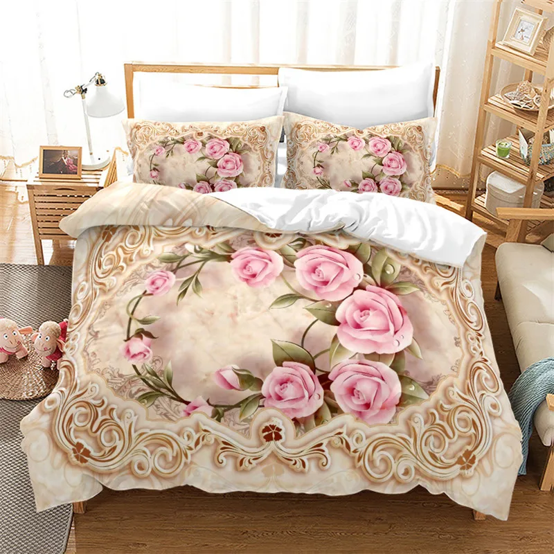 Pink Rose Floral Duvet Cover Watercolor Lotus Bedding Set Flower Leaves