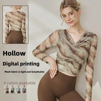 Women's Mesh V-Neck Yoga Top Printed Long Sleeve Breathable Quick-Dry Sports T-Shirt Outdoor Fitness Running Pilates Training 1