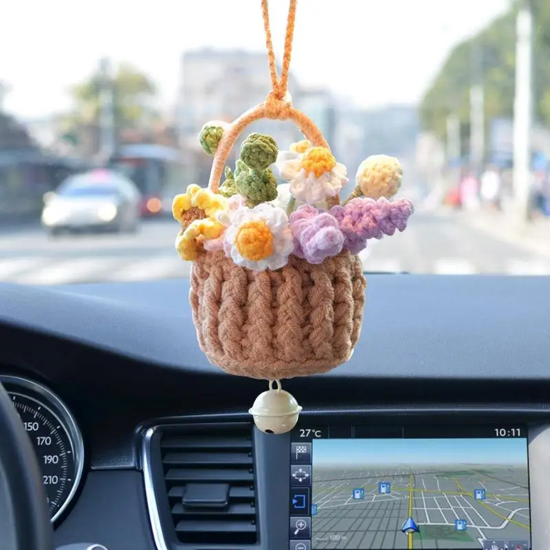 Car Rearview Mirror Accessories Crochet Hand Woven Crochet Flower Basket  Auto Accessories Rear View Mirror Charm Car Decor Boho - AliExpress