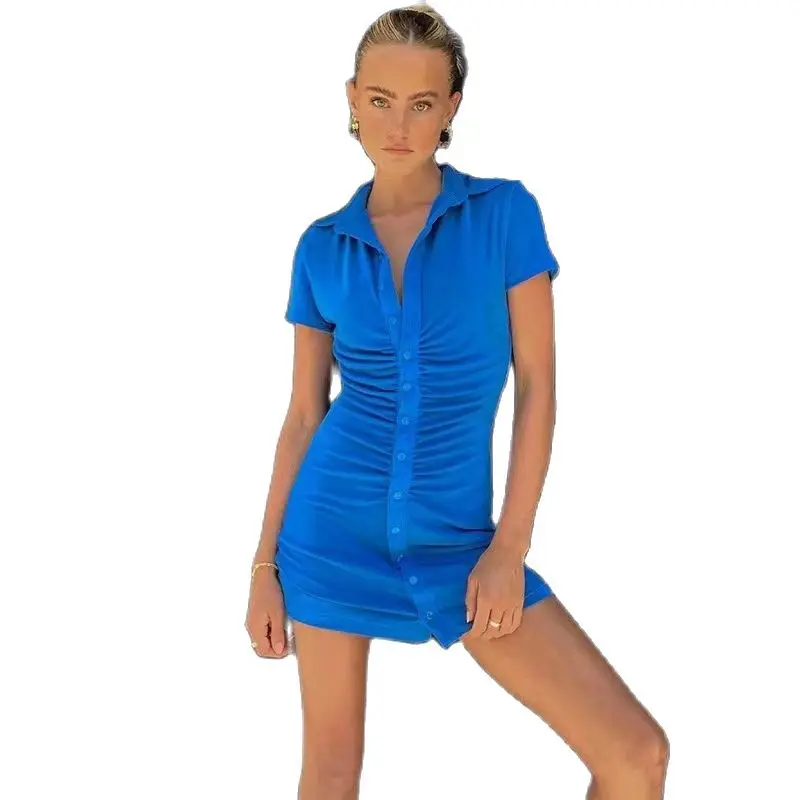 

Fashionable Style New Women's Dresses Sexy Pleated Slim Fit Button Short Sleeve Wrapped Hip Lapel Dress