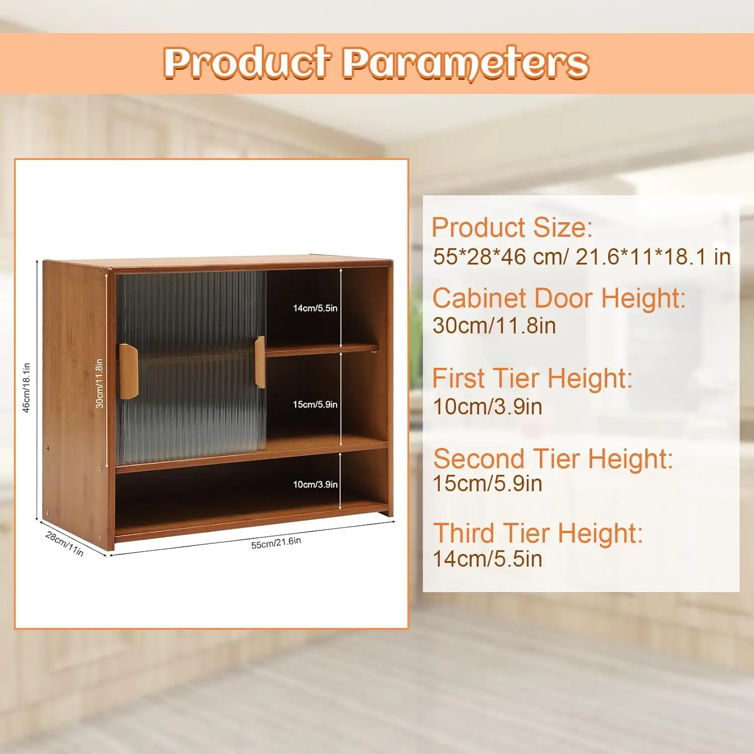 Small Bamboo Kitchen Pantry Sideboard with 2 Sliding Striped Glass Doors, Tea-Colored Freestanding Countertop Storage Cabinet