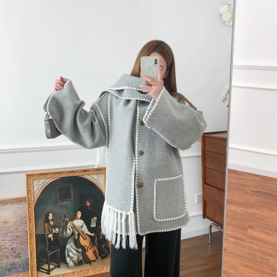 Sbf4bdaa9a046427e9f21b2e93efb32f1n Women Fringe Scarf Collar Coat Double-sided Woollen Single Breasted Autumn Winter, Loose Embroidery Trim Female Casual Jacket Mallzona