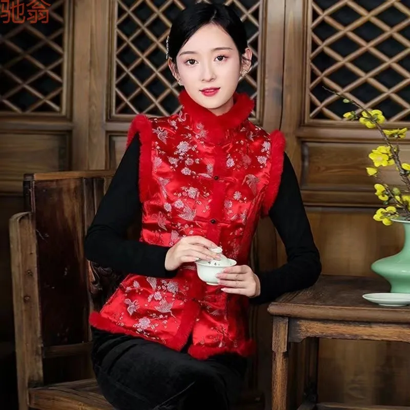 Autumn Winter Vintage Chinese Tang Suit Coat Women's Mandarin Collar Vest Retro Quilted Thick Tops hanfu jacket