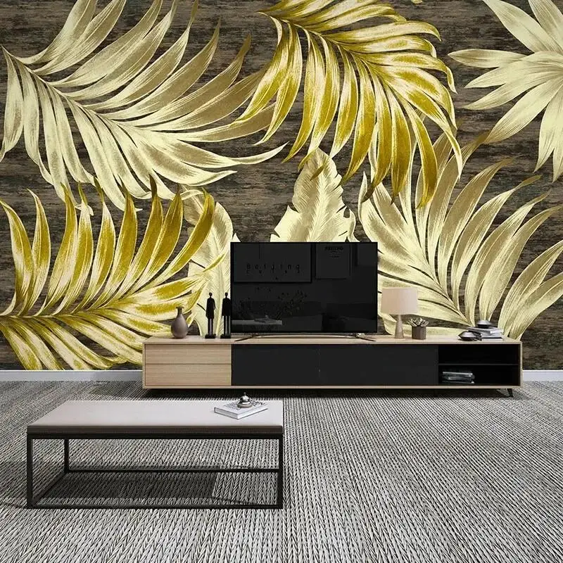 

Modern 3D Wallpaper Light Luxury Tropical Plant Golden Leaves Mural Retro Living Room Bedroom Home Decor Photo Wallpaper Fresco