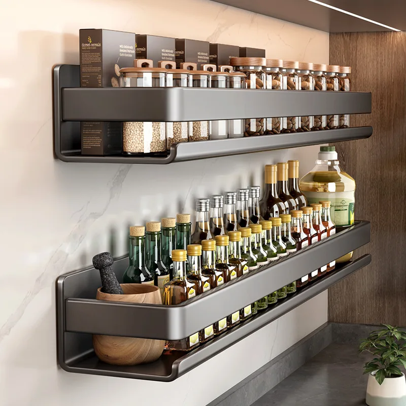 kitchen Stainless steel storage rack no punching bathroom wall shelf Seasoning bottle storage kitchen accessories organizer 6