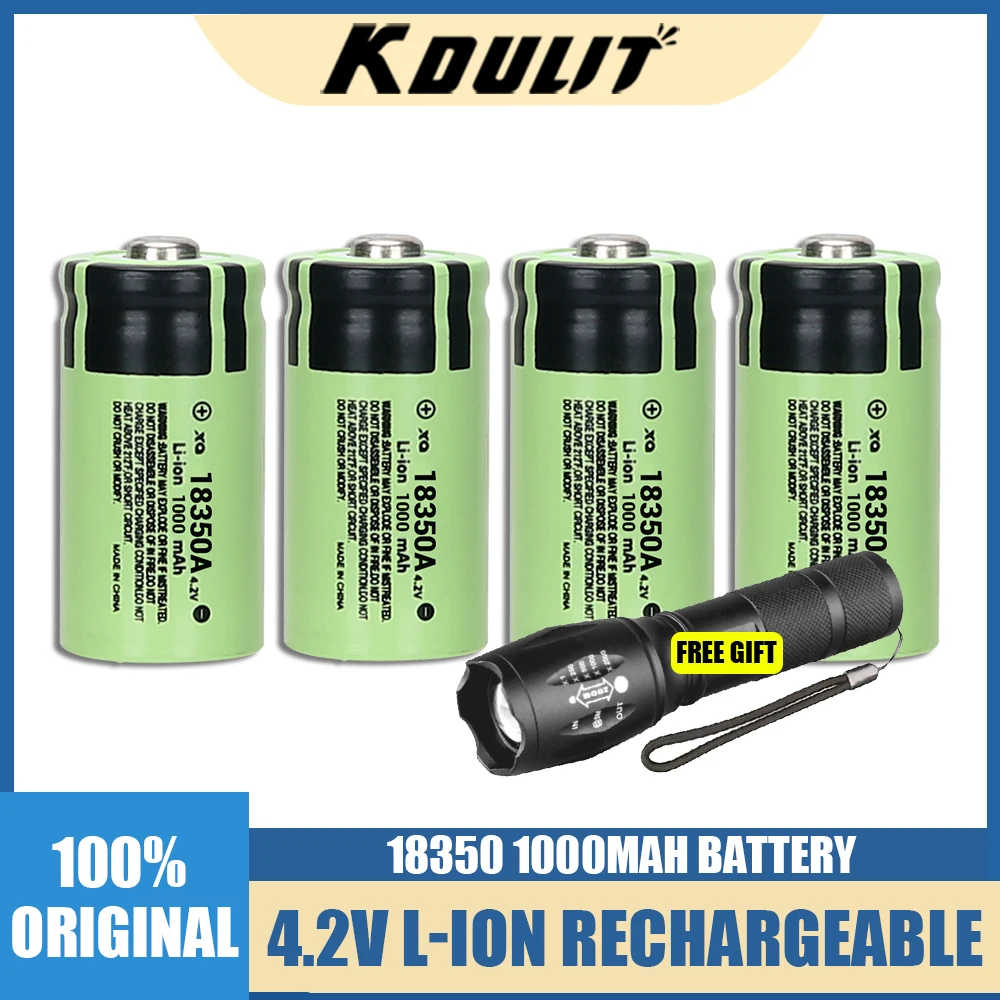 

1000mAh 4.2V 18350 Battery Rechargeable Power Batteries 3C Discharge 18350 HD Cell Lithium Battery with a T6 Gift LED Flashlight