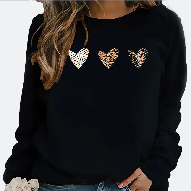 סווטשירט עם הדפס ליאופרד בצורת לב וצוואר עגול לנשים, סווטשירט מודרני וקז'ואלי עם סרט לראש