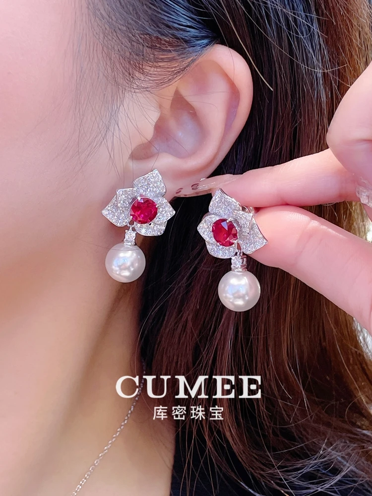 Cumee Ethnic Flower Ruby Jewelry Set Artifical White Pearls Cultivation Synthetic Ruby Pendants Necklace 925 Silver Plated Gold