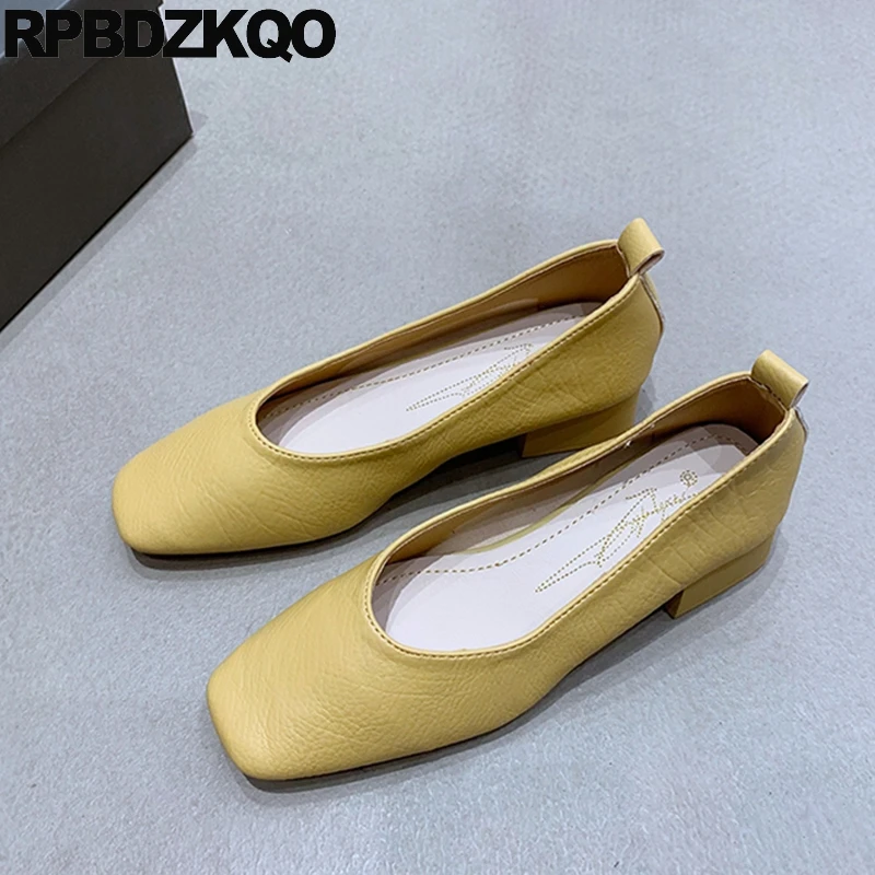 

Medium Heel Women Glove Shoes Chunky Nude Solid Slip On Shallow Plain Sheepskin Pumps Genuine Leather Brown Soft Sole Square Toe