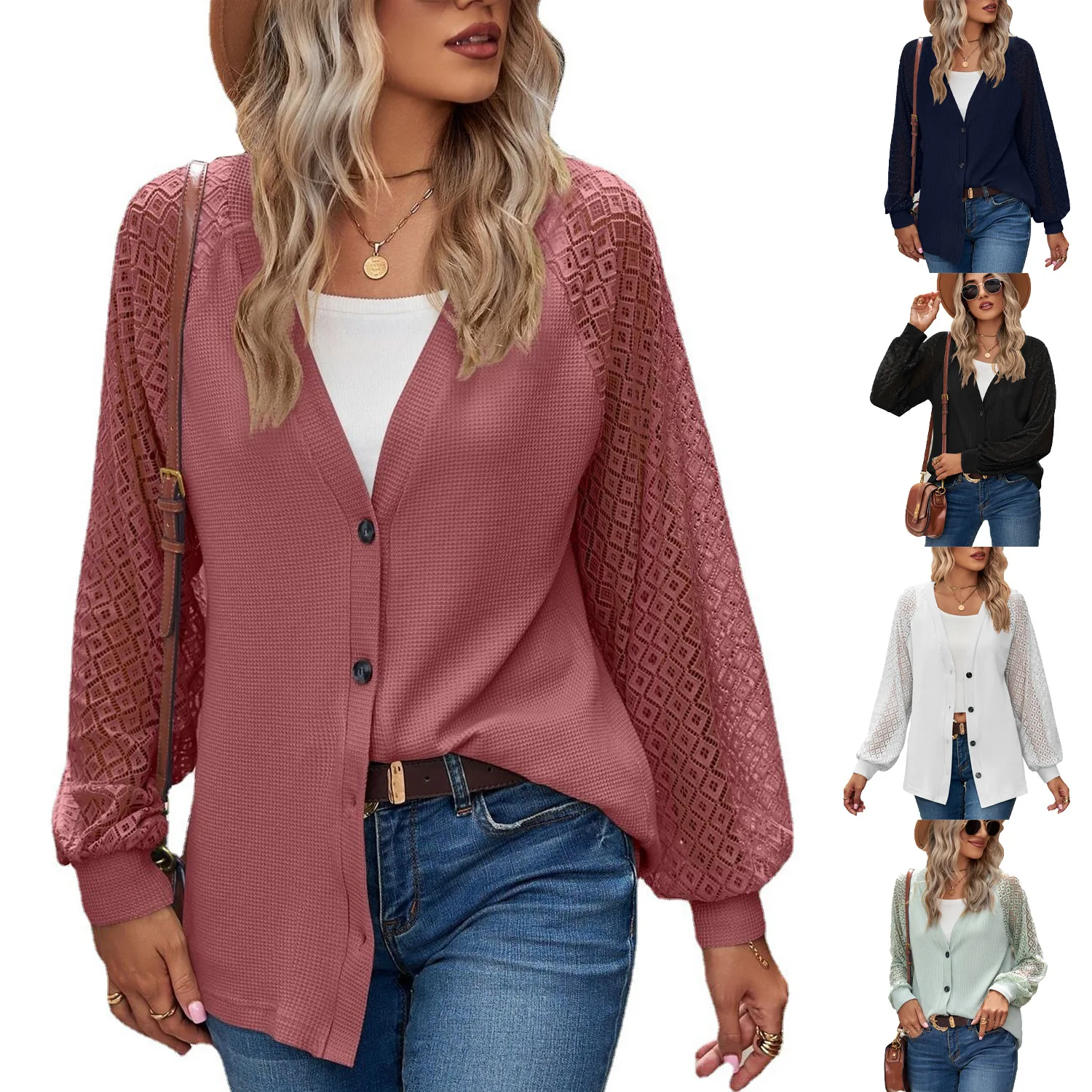 

Autumn and Winter Long-sleeved Solid Color Loose Button Lace Splicing Cardigan Casual Top Women