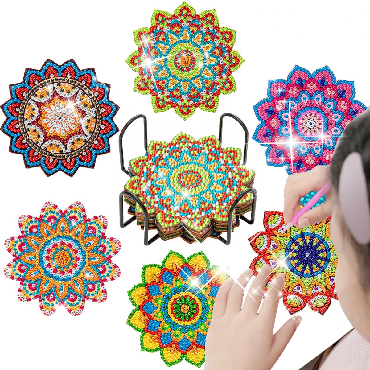 

GATYZTORY 6pcs Diamond Painting Coaster With Holder Crafts Datura Mosaic Art Handmade For Kids Adults Beginners Easy Kill Time