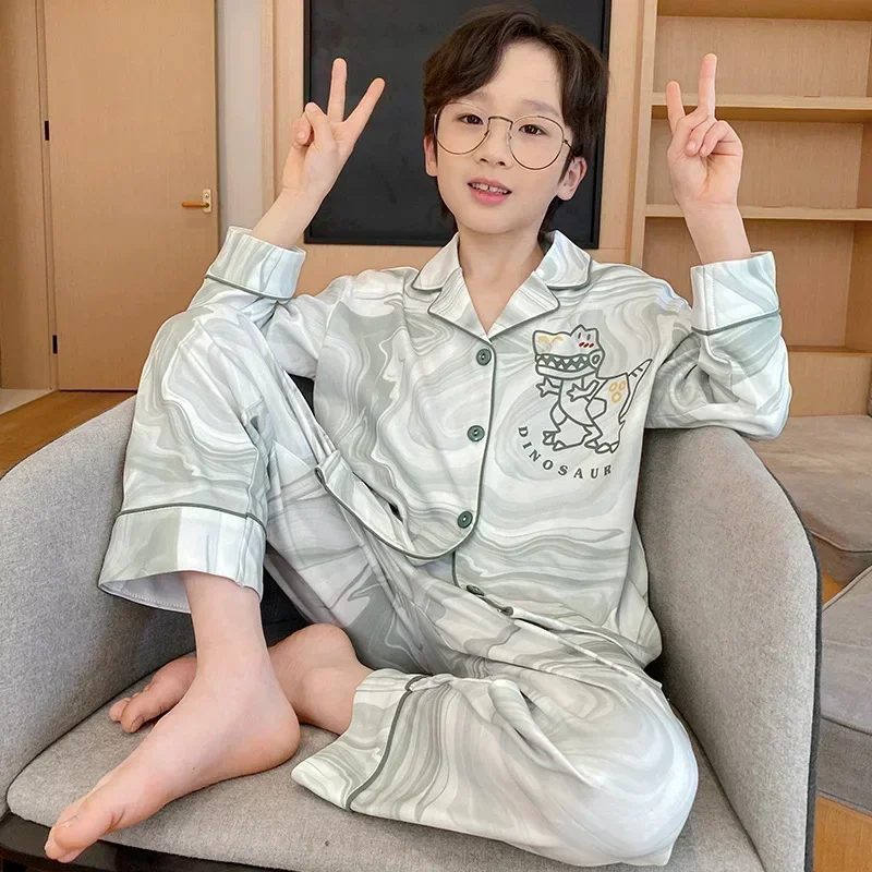 جديد 2025 الربيع الصيف الفتيان الكرتون طباعة منامة ملابس المنزل الاطفال عادية كم طويل التلبيب منامة في سن المراهقة ملابس خاصة مجموعة ملابس