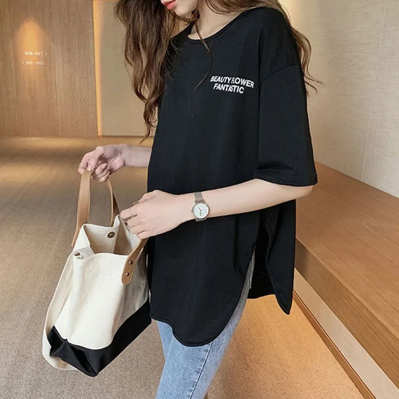 

2024 Summer Solid Color Casual Women Pure Cotton Korean Letter Printing Round Neck Short Sleeved Loose Forking All-match Tops