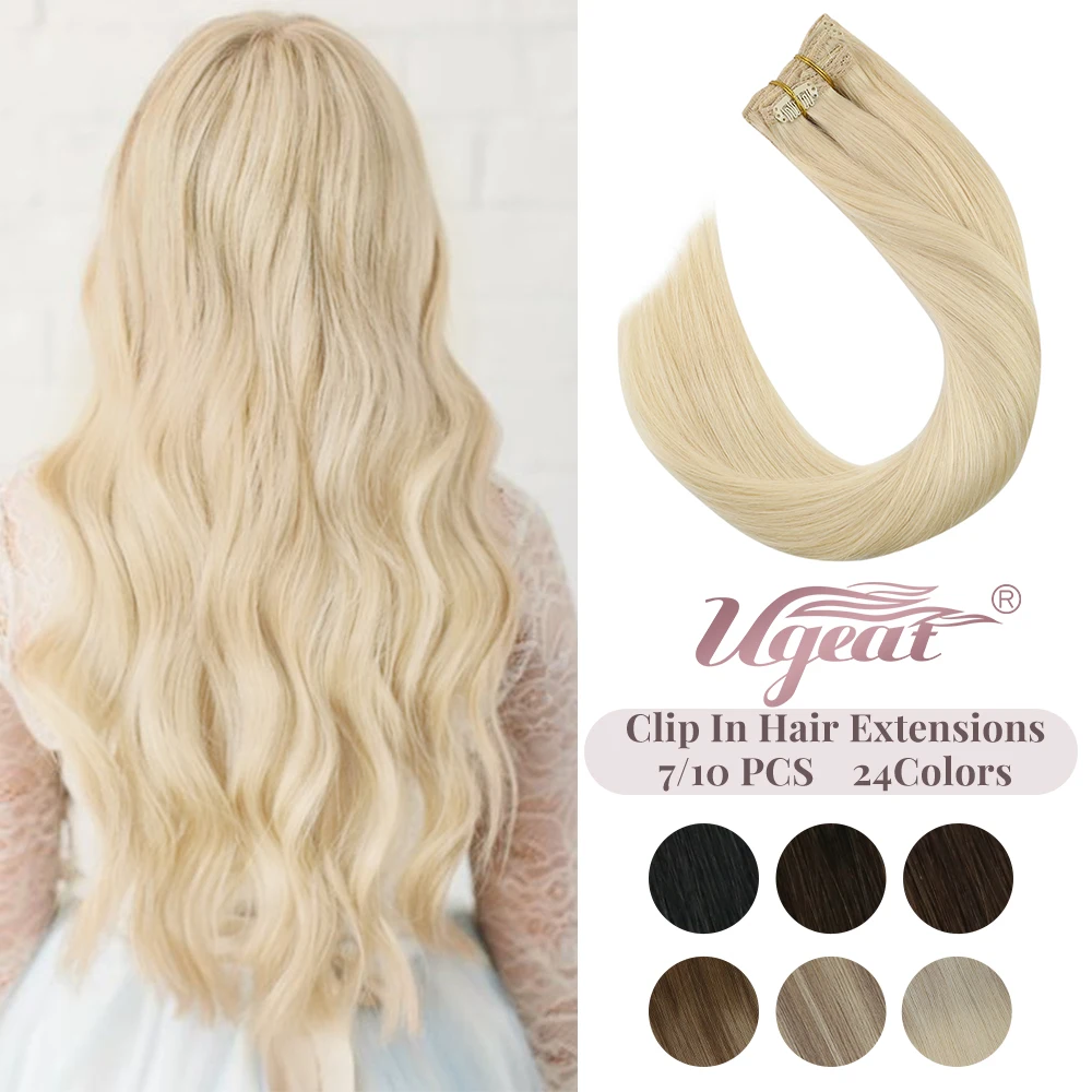 Ugeat Hair Extensions Clip in Human Hair 7PCS Straight Clip in Human Extensions Pure Color Extension for Women