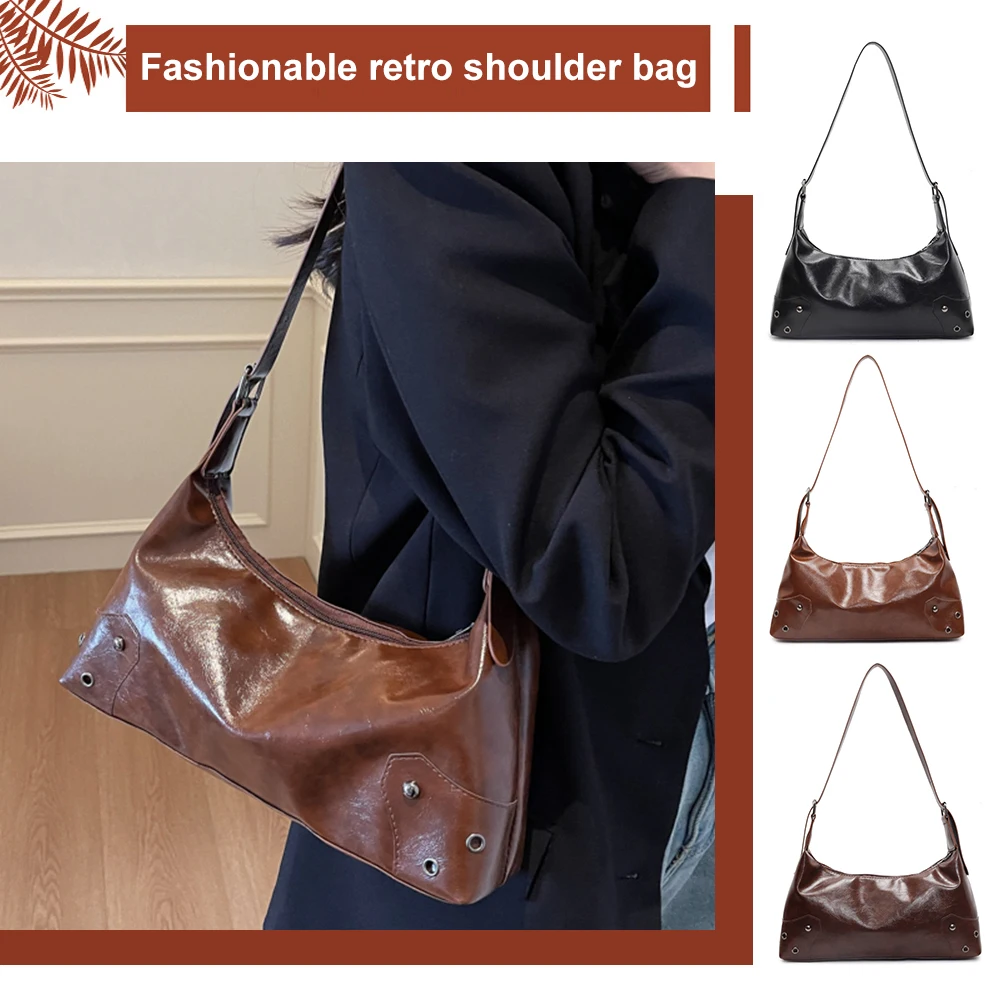 Women Retro Rivet Shoulder Bag PU Leather Vintage Casual Handbags Large Capacity Soft Leather Armpit Bag Ladies Work Bag