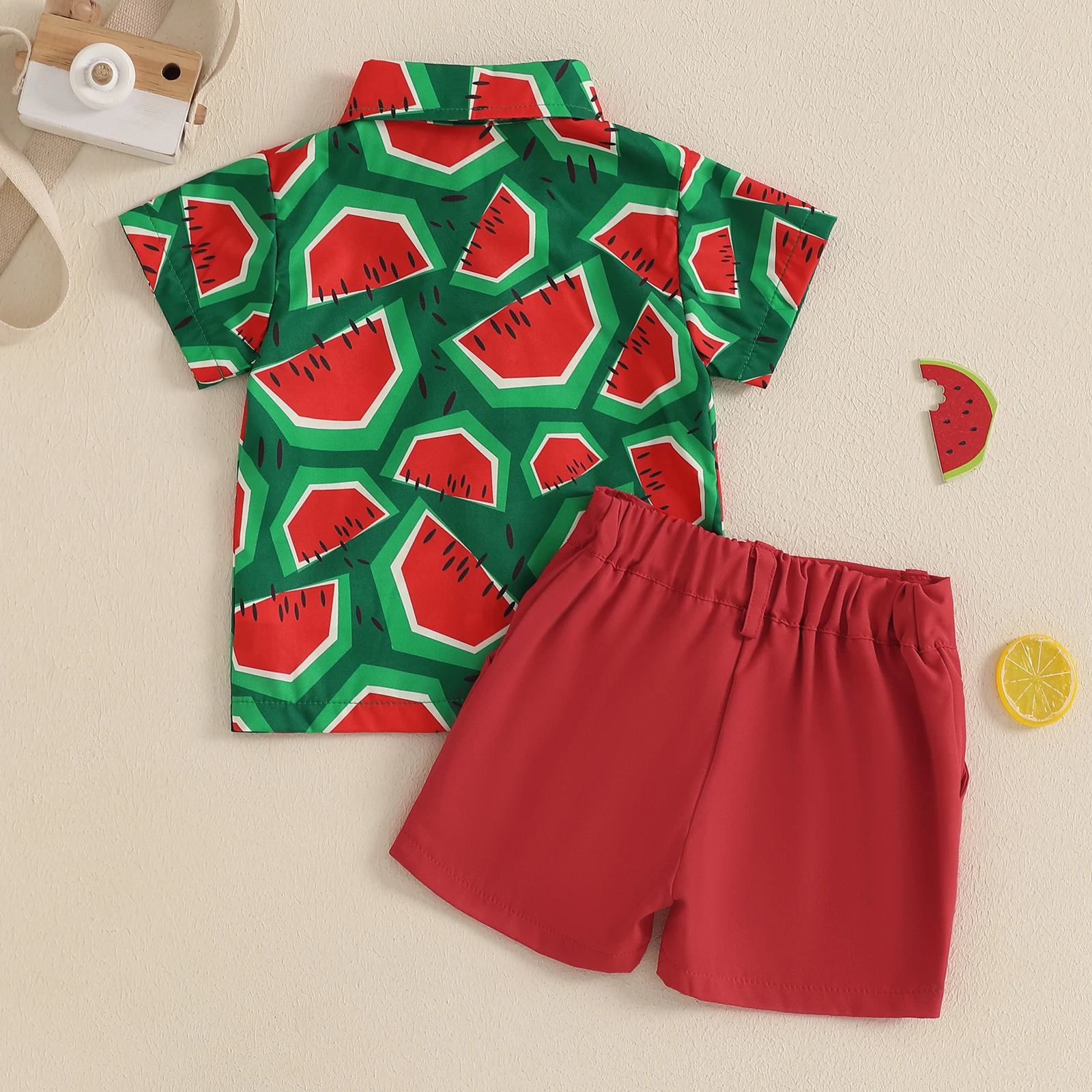Kids Boys Summer Outfits Watermelon Pattern Button Down Turn Down Collar Short Sleeve Shirt with Shorts 2 Pcs Boys Set 1-4Y
