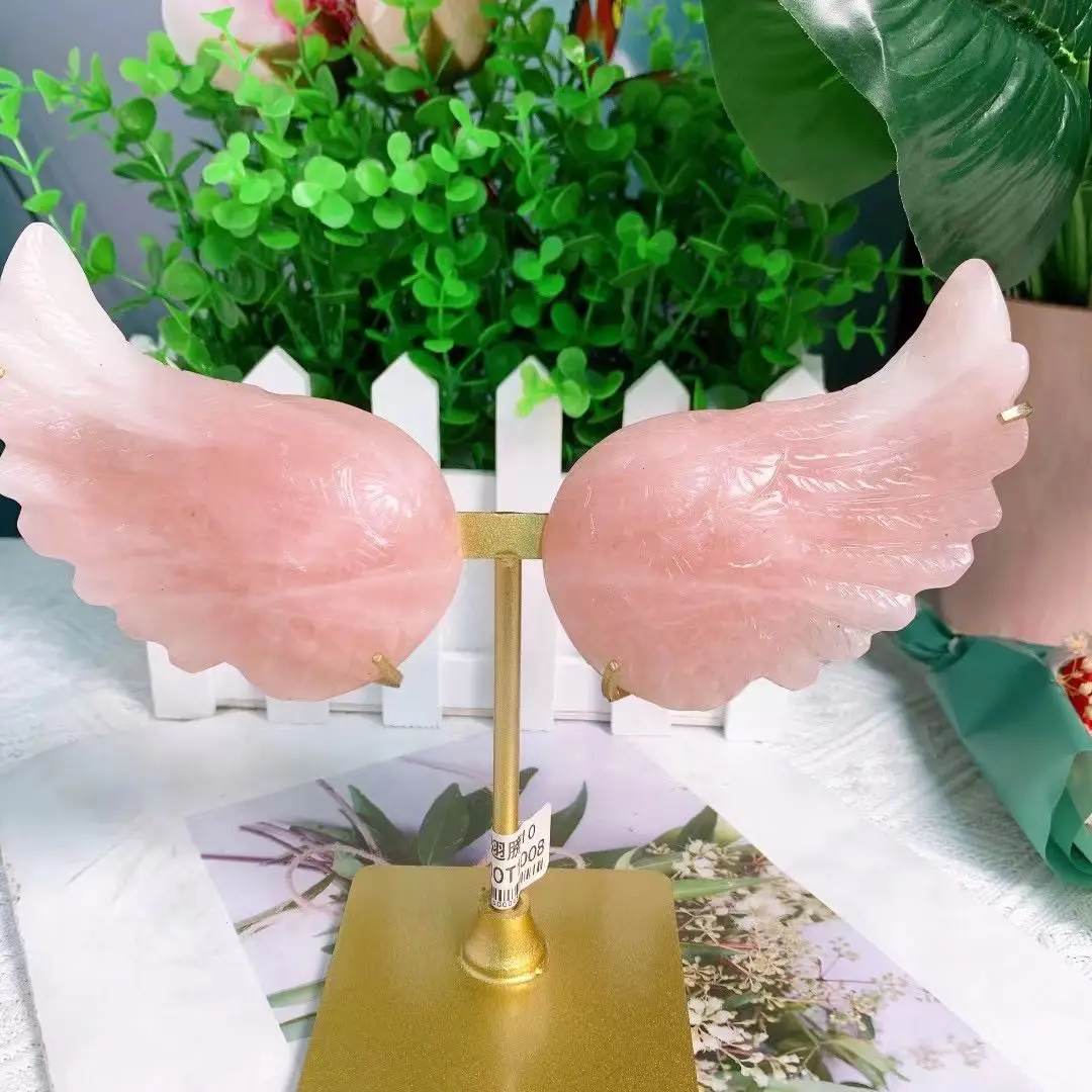 Overcome mineral I agree to Natural pink Stone Handmade Carved Angel Wings Carving Crystal Craft Home  Decoration Ornament Contains the bracket 1pcs - AliExpress