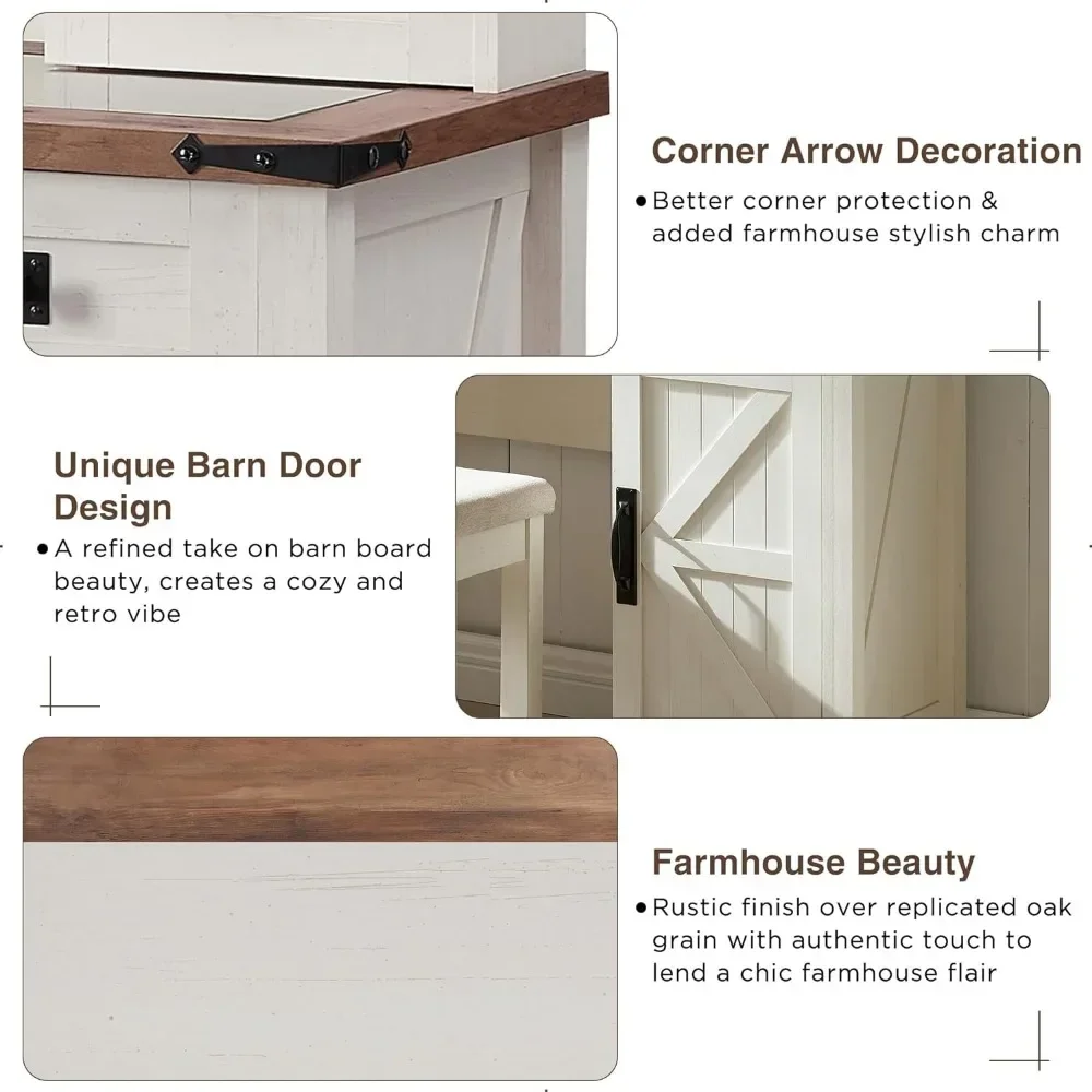 Sliding Mirror and Lights Glass Tabletop Vanity Table with Drawers Shelves Rustic Big Vanity Set for Bedroom Stool Included