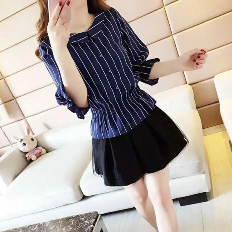 Summer New Women Striped Buttons Pullovers Blouse Fashion Casual Flare Sleeve Peter Pan Collar Waist Shirt Female Clothing 2023