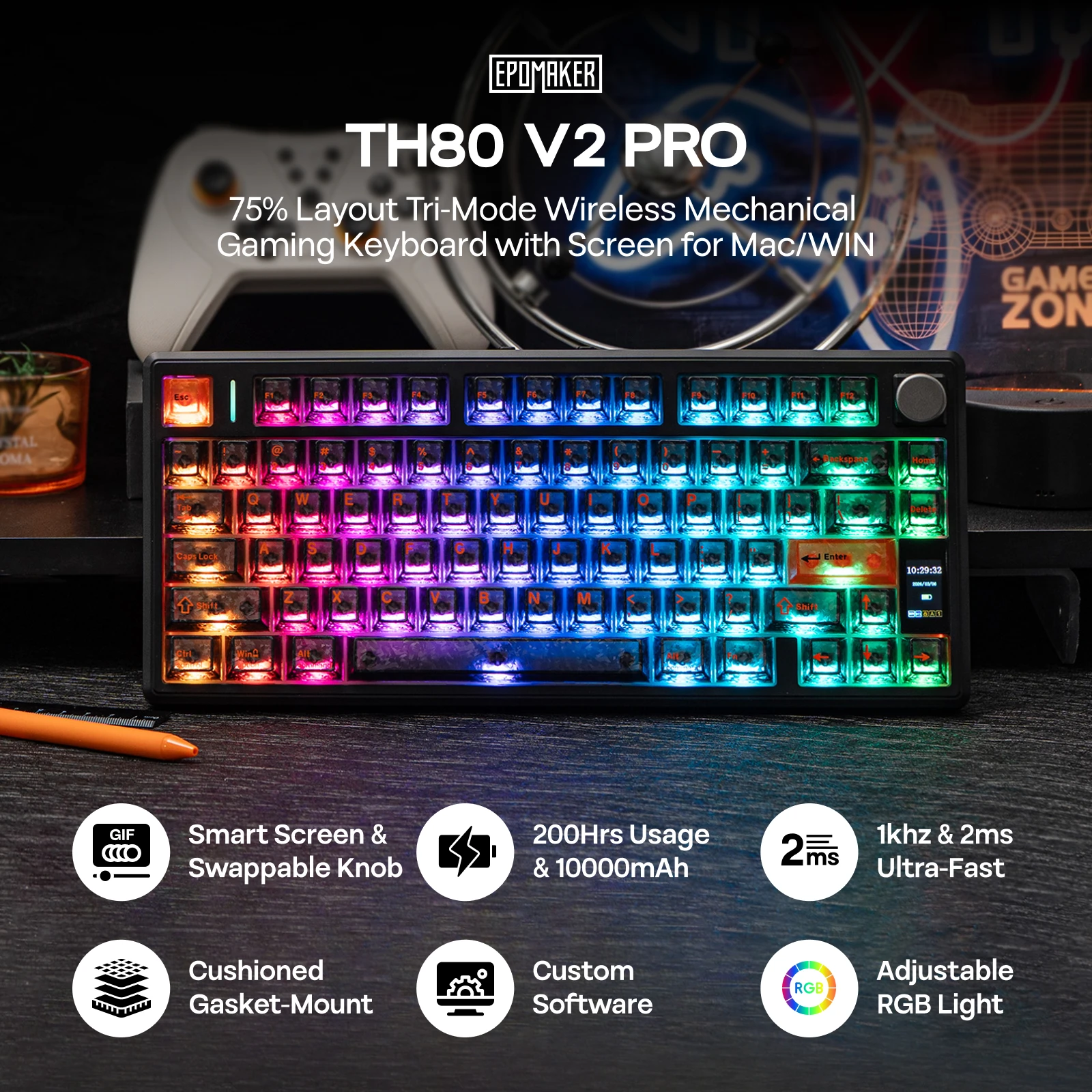 EPOMAKER TH80 V2 PRO 75% ANSI US 레이아웃 유선/블루투스/2.4Ghz 무선 기계식 게이밍 키보드 (스크린/노브 및 10000mAh 포함)