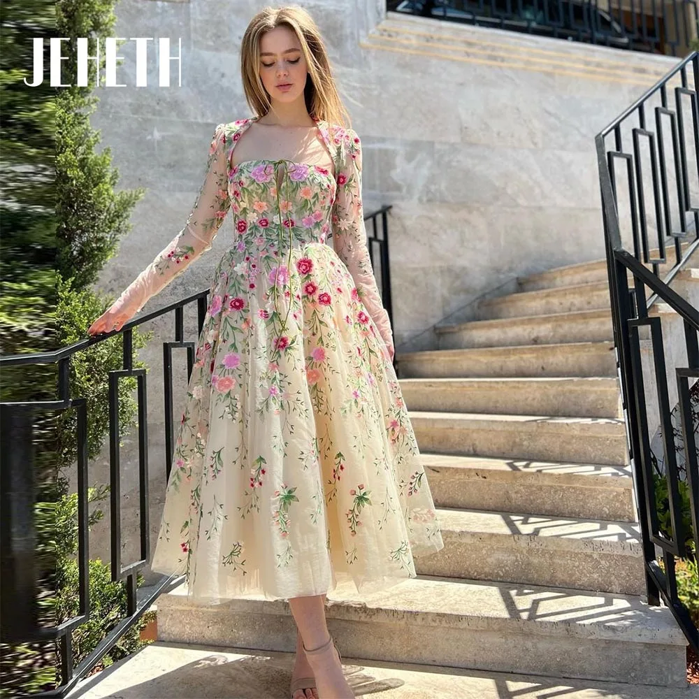 JEHETH Floral Embroidery Prom Dresses Lace Midi Long Sleeves Tea-Length A-Line Formal Party Evening Gown Open Back Custom Made