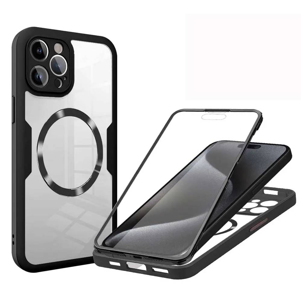 thumbnail image 1 of Funda transparente con protección de pantalla completa 360 para iPhone 14 15 Pro Max 11 12 13Pro 14Plus 15Plus, cubierta magnética para montaje en coche, 1 of 4