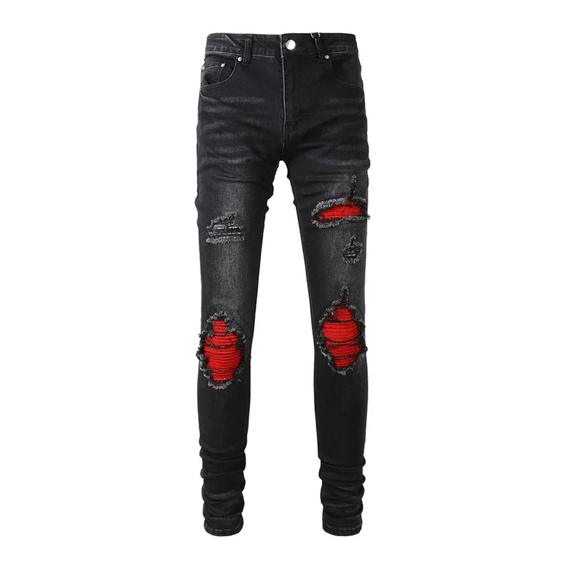 

Fashion Streetwear Men Jeans Retro Black Gray Elastic Slim Fit Ripped Jeans Men Red Patch Designer Hip Hop Brand Pants Hombre