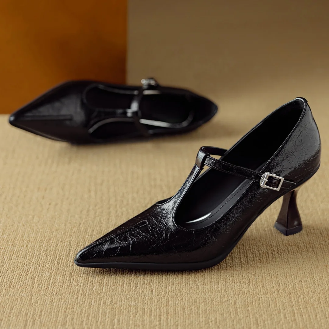 Women's genuine leather pointed toe metal buckle slip-on t-strap pumps elegant ladies 7.5cm thin high heeled daily dress shoes image