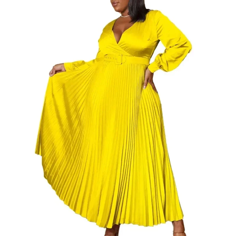 

2023 African Maxi Dresses for Women Autumn Elegant Long Sleeve V-neck Solid Color Party Evening Pleat Dress African Clothes