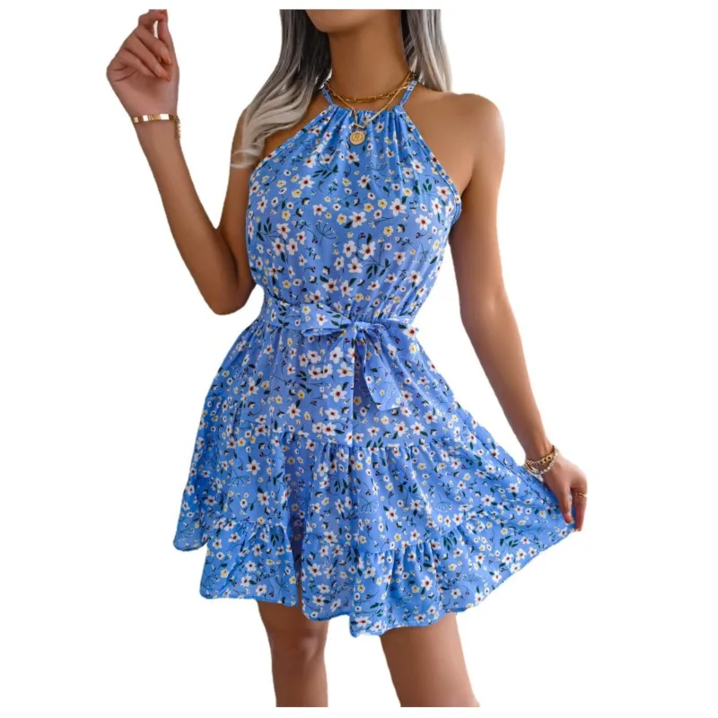 

Spring/Summer Round Neck Sleeveless Ruffle Edge Flared Flower Dress Beach Dress Women's Lace Up Elastic Waist A-line Short Skirt