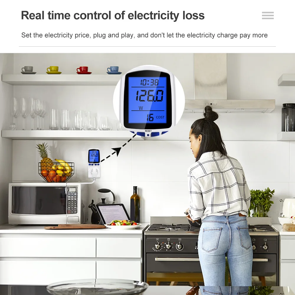 Digitaler LCD-Leistungsmesser, Wattmeter, 220 V, 110 V AC, Hintergrundbeleuchtung, Stromverbrauch, Energie, Kilowatt, Wattzahlmessung, Analysator – Detail 6
