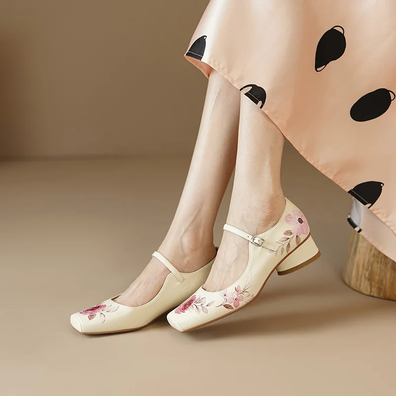 

2024 new spring women pumps natural leather shoes 22-24.5cm cowhide+sheepskin+pigskin square toe flower buckle Mary Jane shoes