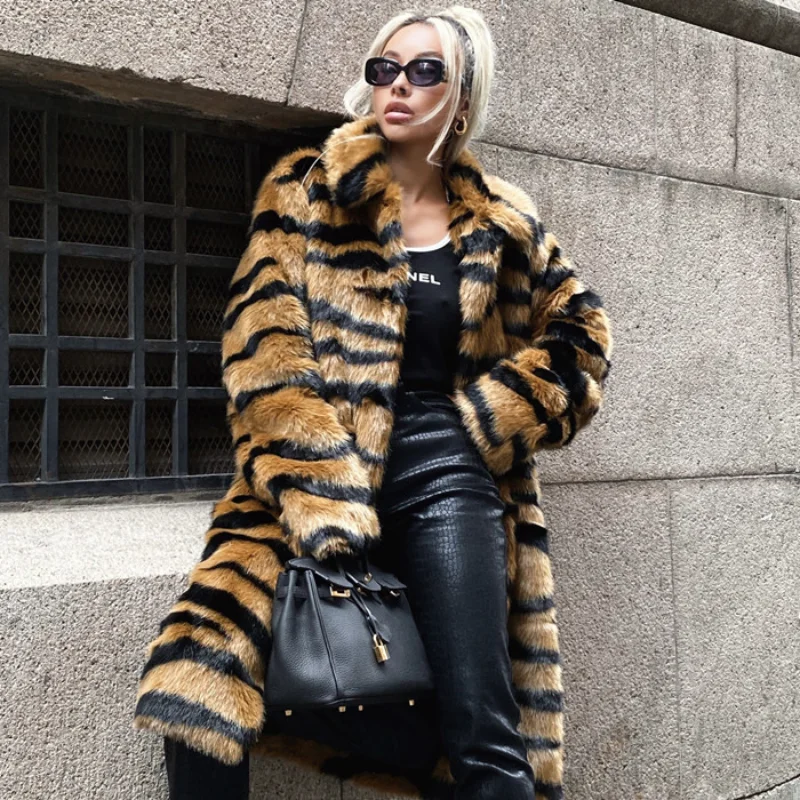 

TPJB New Faux Fur Coats Autumn Winter Warm Fur Imitation Fur Coat Imitation Tiger Pattern Fur Lengthened Fashion Casual Overcoat