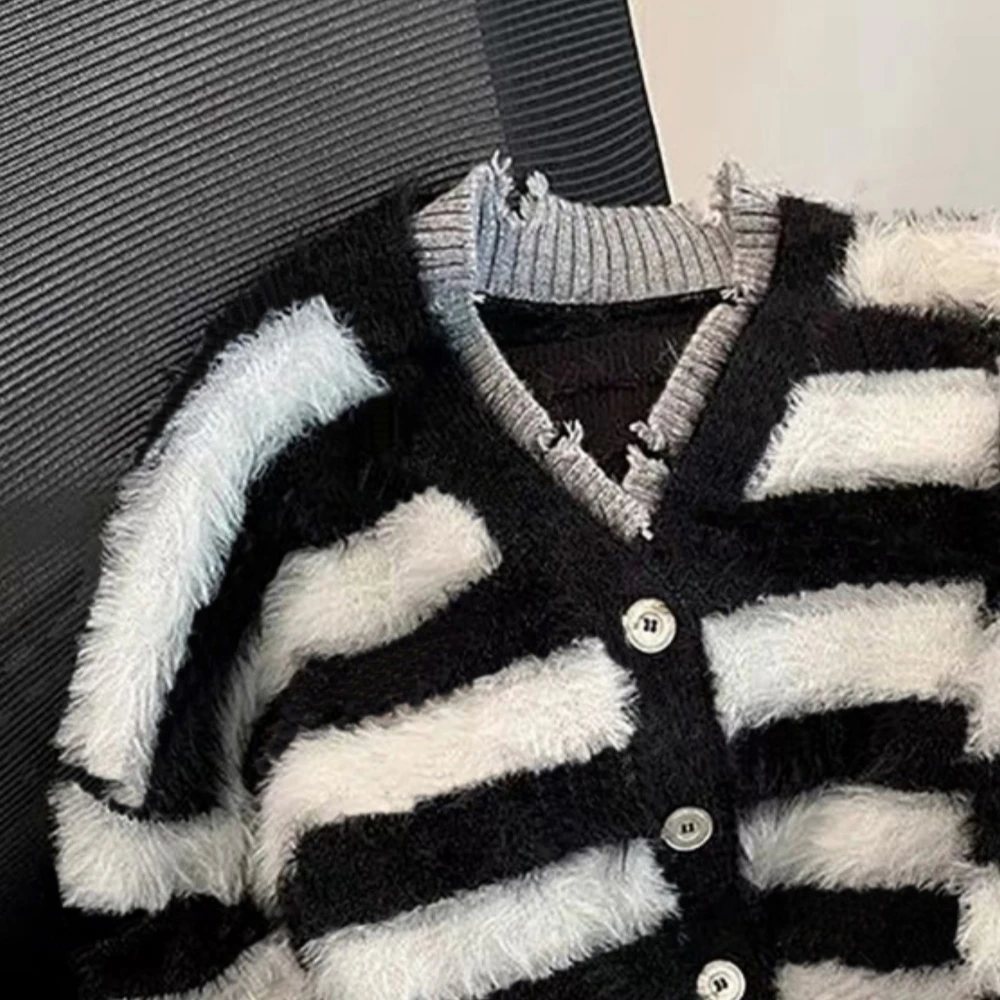 Cardigans Sweater Top Imitate Mink Wool Striped Long Sleeve Knit Korean Elegant Sweet Jacket Casual Oversize Women Clothes New