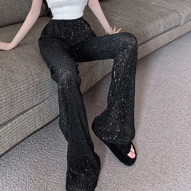 

Black heavy industry sequin wide leg pants for women's summer 2024, new small, high waisted, draped casual straight leg pants