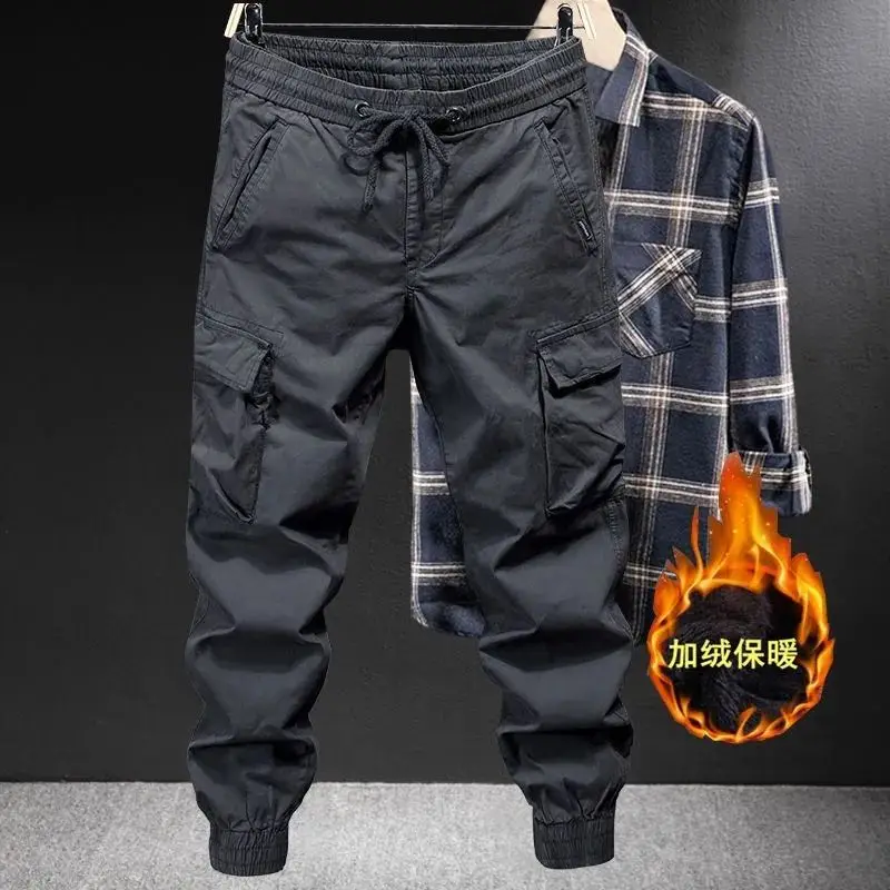 Velvet Thickened American Overalls for Men, Multi-pocket Leggings, Loose Large Size Outdoor Wear-resistant Trousers Cargo Pants