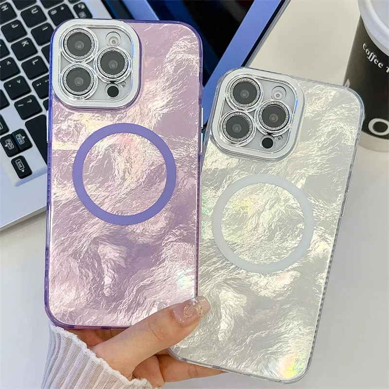Laser Fold Tinfoil Magnetic Phone Case For iphone 16 Plus 15 14 13 Pro Max For Magsafe Shockproof Hard PC Glitter Back Cover_voghion.com