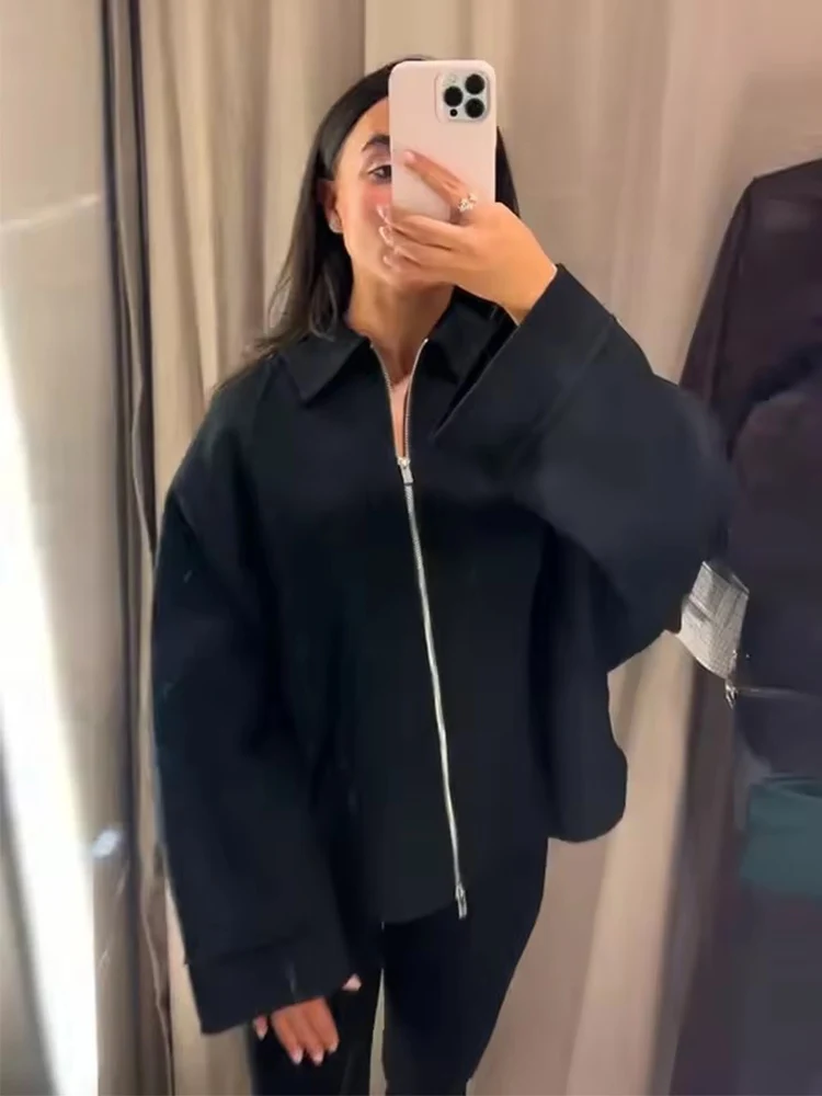 Women Woolen Jacket 2025 Autumn Winter Lapel Long Sleeve Women's Coat Zipper Loose Female Casual Outerwear Retro Lady Tops ﻿ - 2