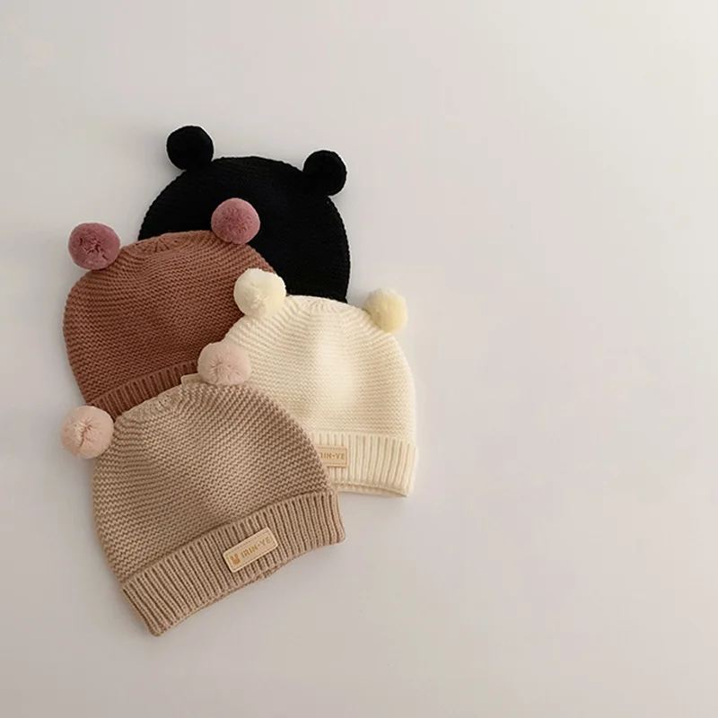 Korean Baby Knitted Hat Cute Winter Warm Double Ball Newborn Beanie 2-15 Months Boy Girl Infant Solid Color Woolen Skullies Cap 5