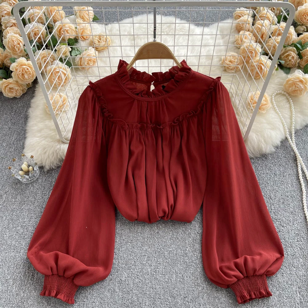 

Women's Autumn Red Long Sleeve Chic Beautiful Small Loose Shirt