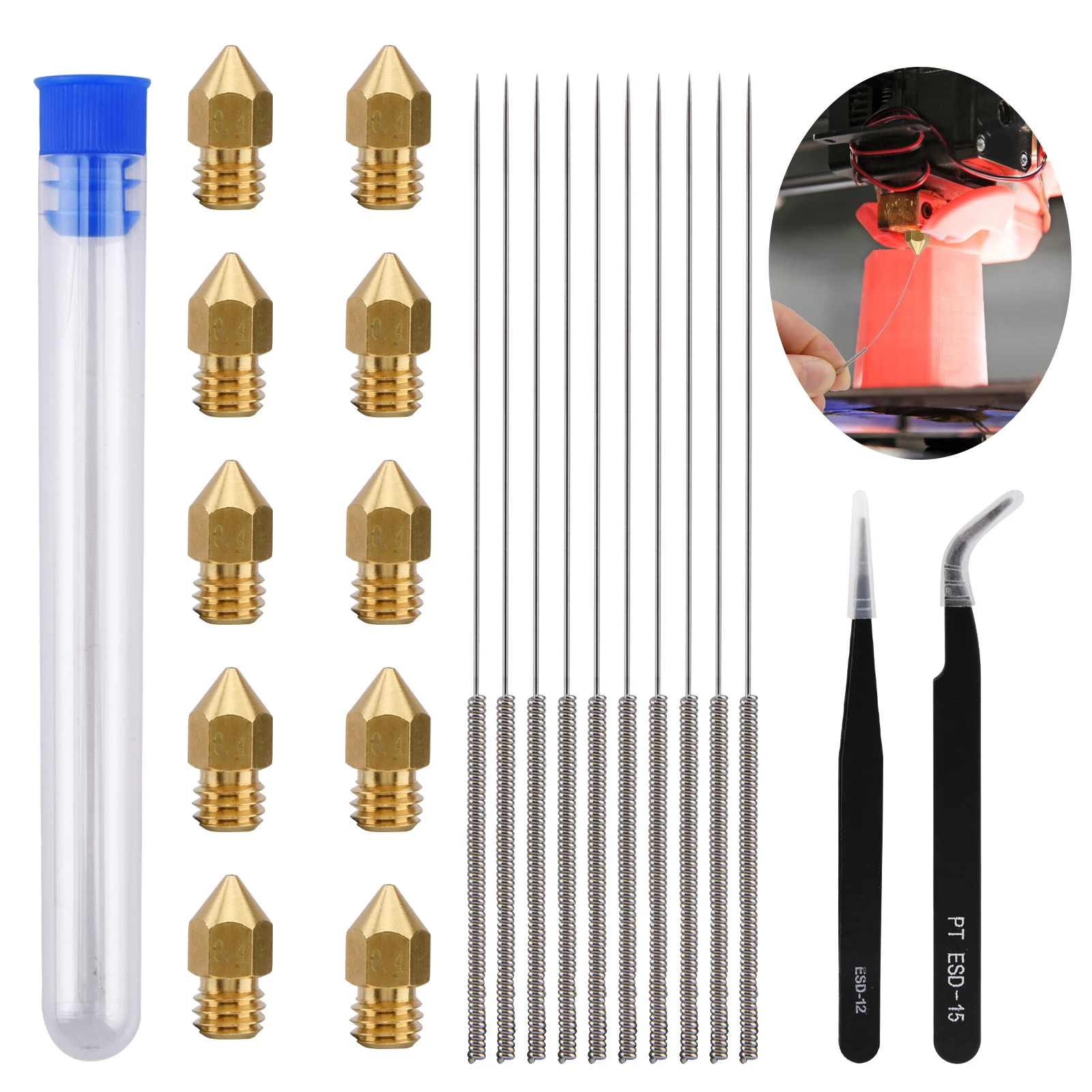 

23pcs 0.4mm 3D Printer Nozzle Kit Print Head MK8 Durable Tweezers For 1.75mm Filament Efficient Extruder Brass Accessories