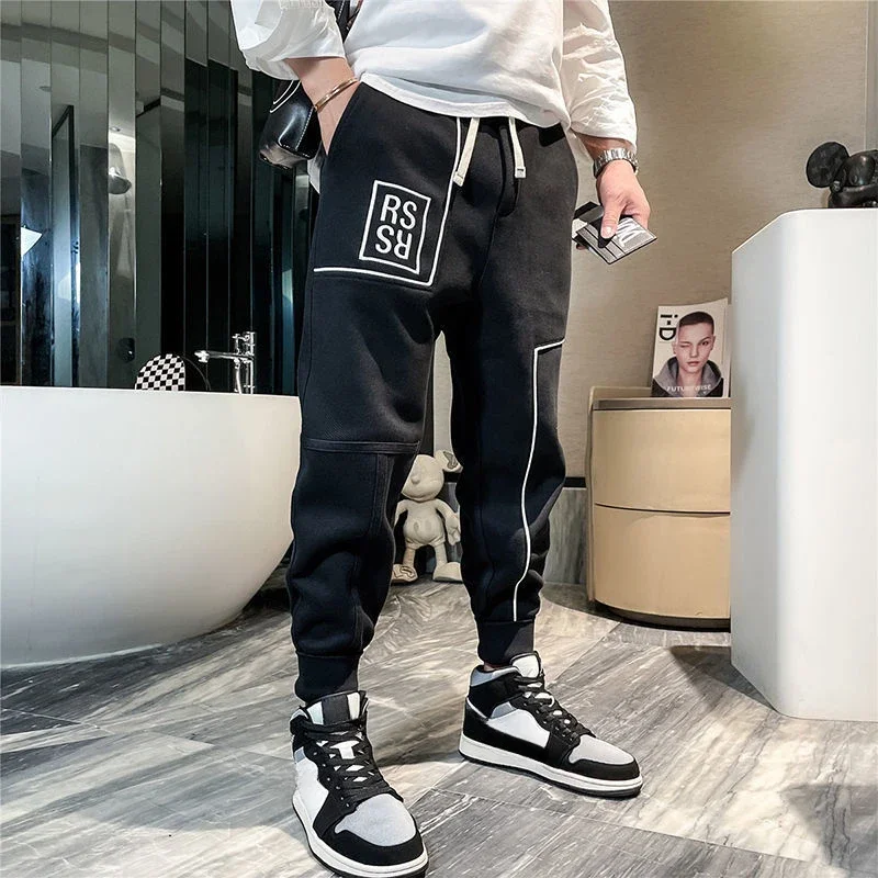 

Men's Cargo Pants Fleece-lined Male Trousers Black Winter Sports Joggers Long Casual Slacks Baggy Spandex Luxury Loose Cotton