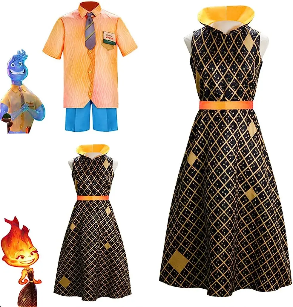 

Elemental Ember Costume Dress Wade Costume Shirt Shorts Set for Adult Fire Water Element Cosplay Halloween Full Set
