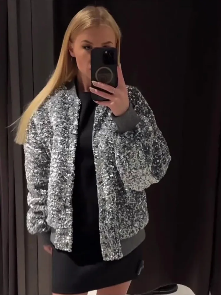 

Silver Sequins Jacket Coat For Women Loose Long Sleeve Pockets Ruched Spliced Tunic Chic Fashion Designer Outerwear 2023 Autumn