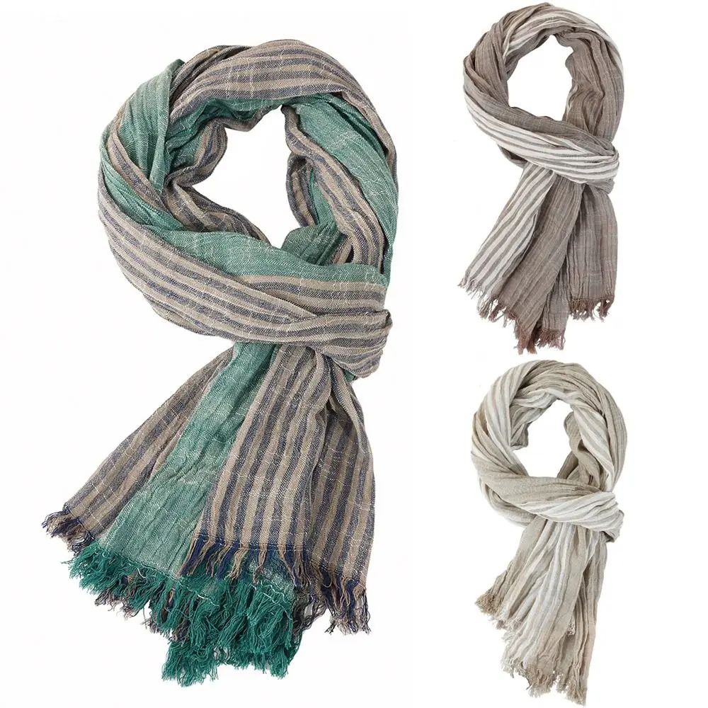 Male Accessories Cotton Linen Yarn-dyed Winter Men's Scarf Tassel Soft Thin Long Shawl Striped Men's Scarves Autumn Winter Warm