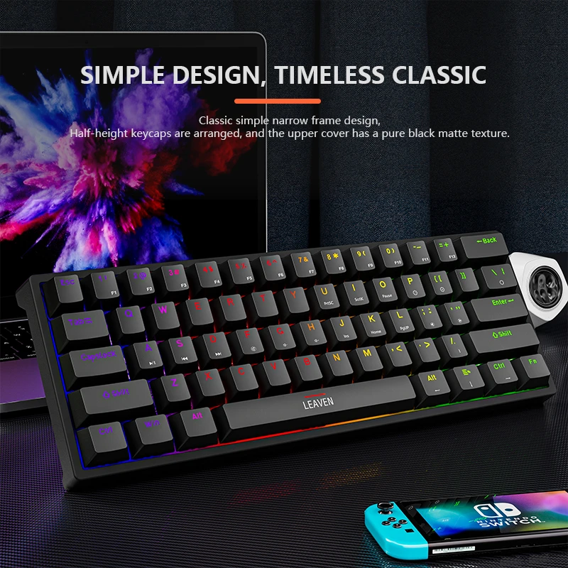 Mini Teclado Mecânico para Jogos Tipo-c com Fio 61 Chaves Rgb Hotswap Pbt Keycaps 60 Ergonomia K620 - Imagem 5