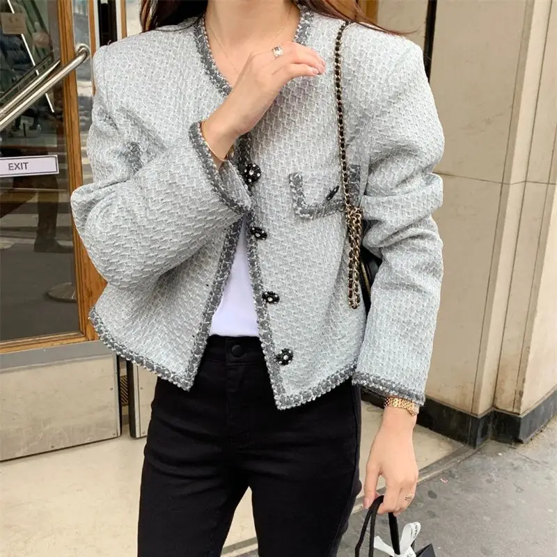 

Korean O-neck Tweed Jackets Women Autumn New Vintage Single Breasted Tops Y2k Long Sleeve Chic Buttons Elegant Short Coats Q376
