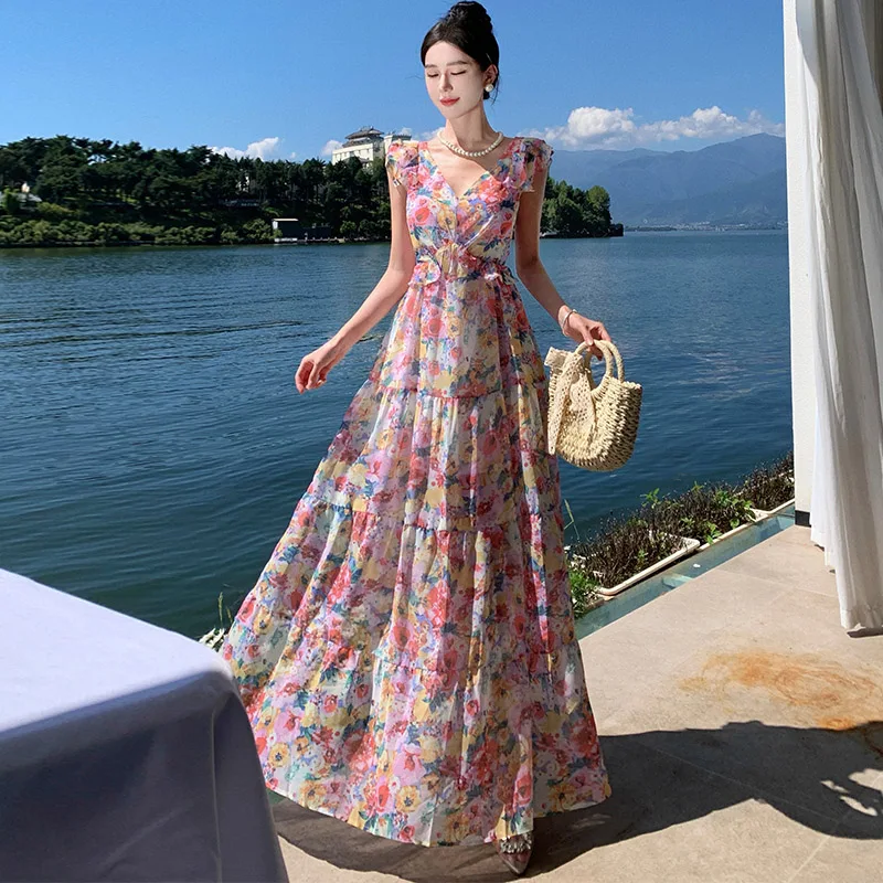 

Women's Clothing Broken Flower V-neck Beach Vacation Backless Lace Up Long Dress 2024 Summer New Seaside Fashion Elegant Dresses