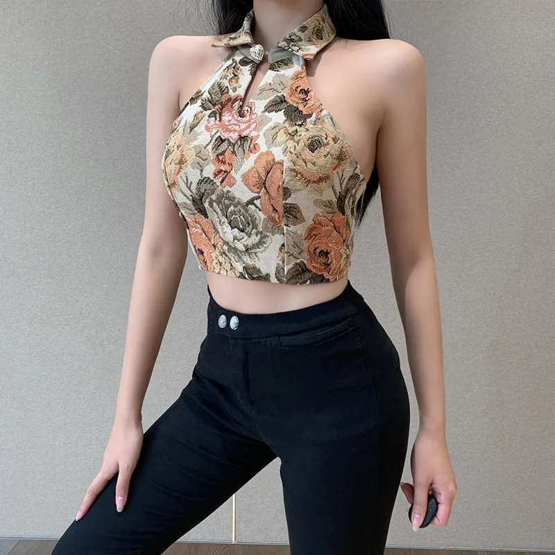 Summer Ladies Vintage Floral Print Crop Corset Bandage Backless Tops Women Slim Sexy Elegant Streetwear Club Vacation Tank Vest