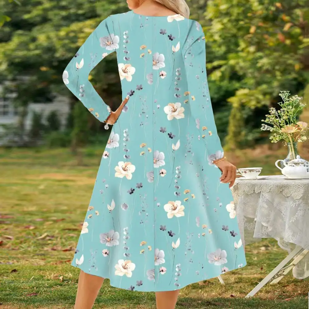 

Women Dress Floral Print A-line Midi Dress Elegant V Neck Button Decor Soft Pullover for Fall Spring Parties Dating Women